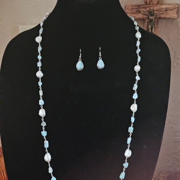 New Larimar/Pearl and Earring Set - Picture 1 of 4
